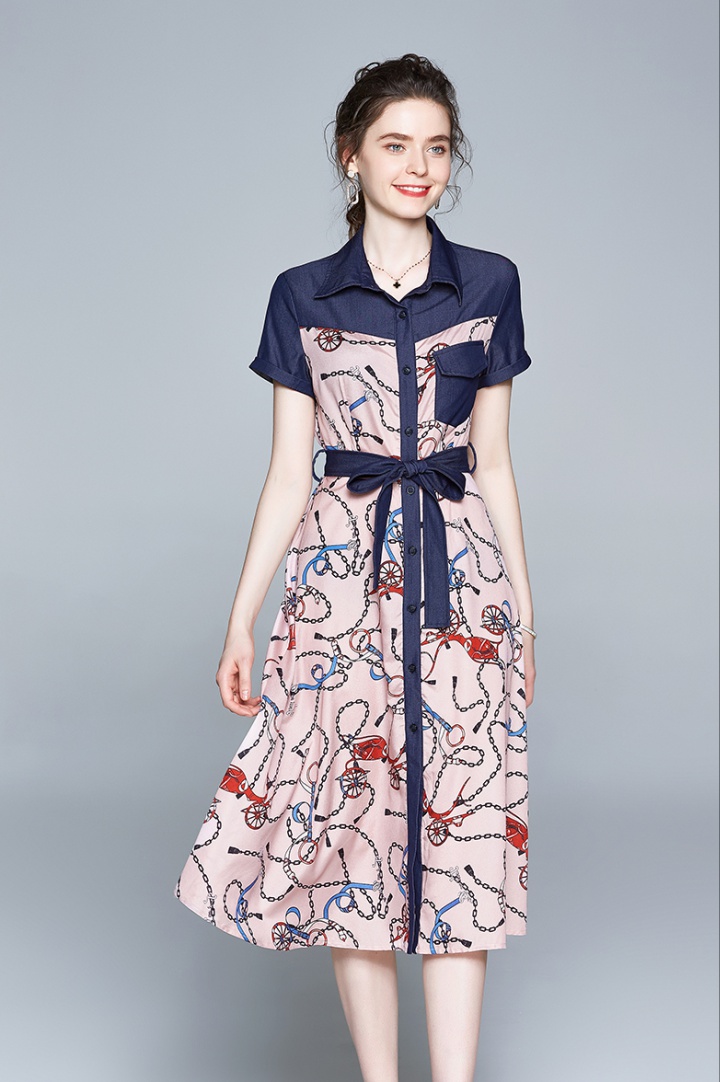 Big skirt printing short sleeve long fashion lapel dress