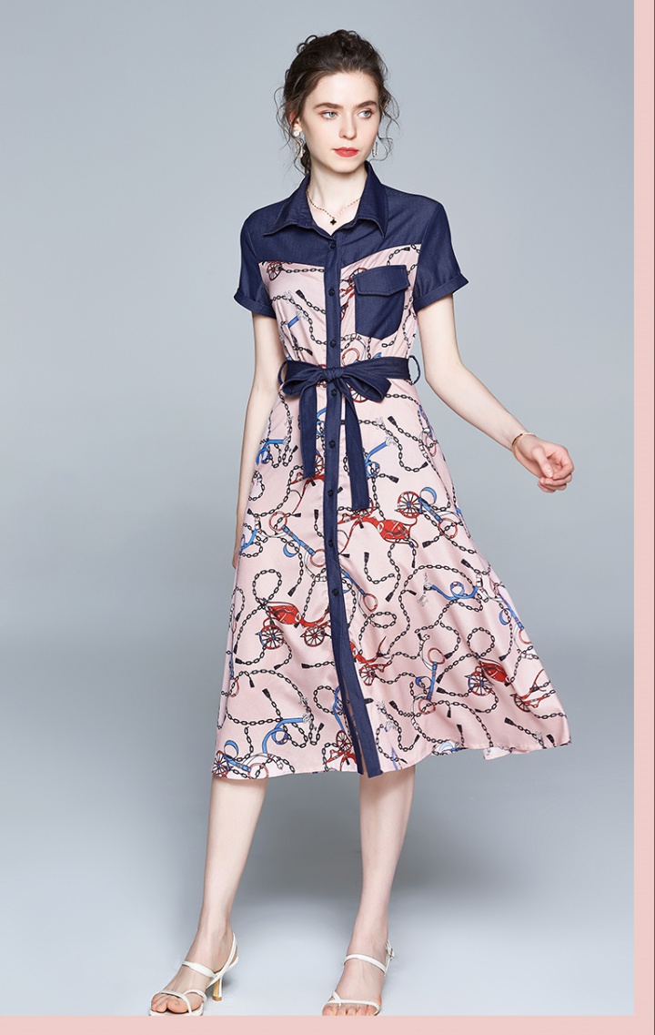 Big skirt printing short sleeve long fashion lapel dress