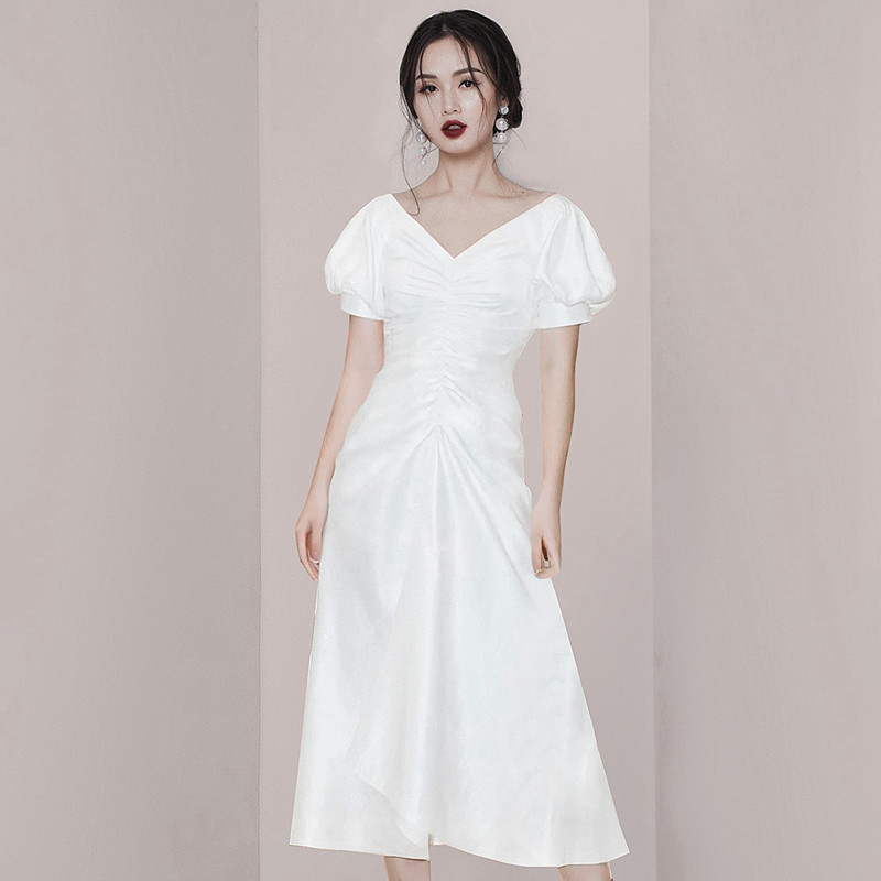 White light summer vacation long dress slim retro fold dress