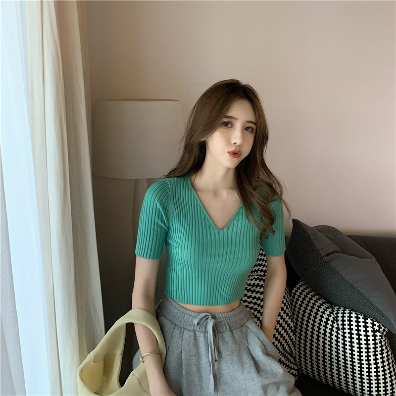 Short pure all-match tops V-neck Casual T-shirt for women