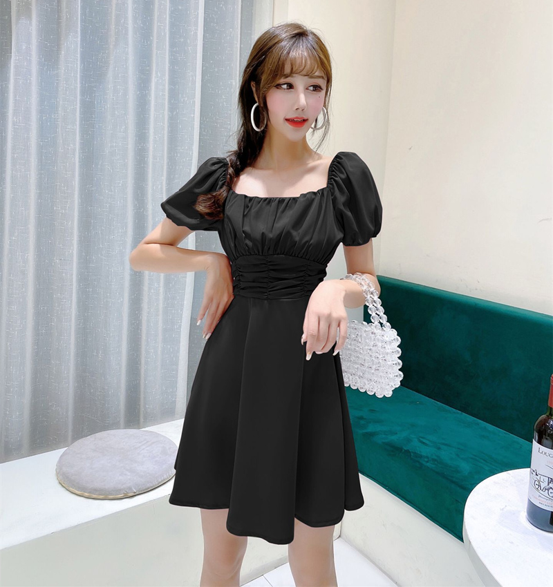 Pleated short pinched waist puff sleeve dress for women