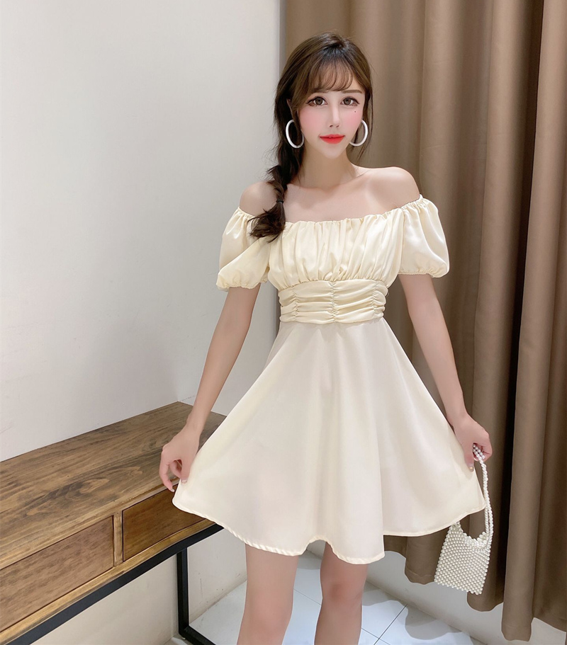 Pleated short pinched waist puff sleeve dress for women