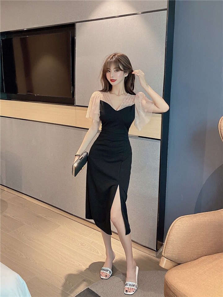 Crystal long black slit curve beading sexy dress for women
