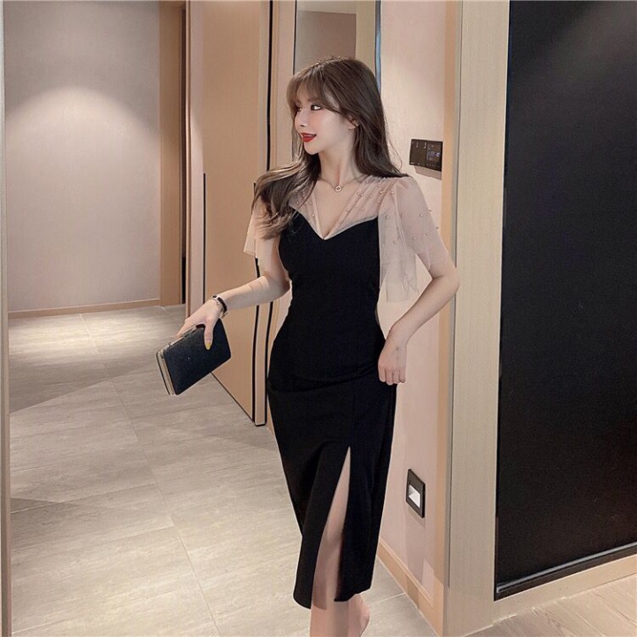 Crystal long black slit curve beading sexy dress for women