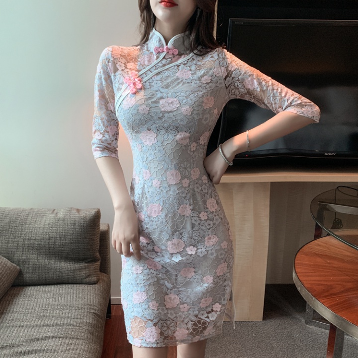 Sexy slim long cheongsam split lace dress