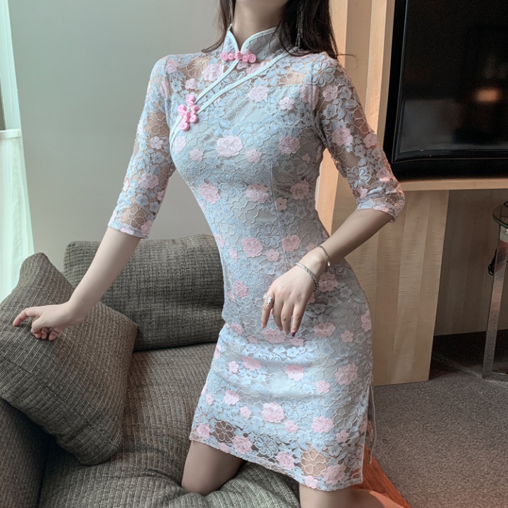 Sexy slim long cheongsam split lace dress