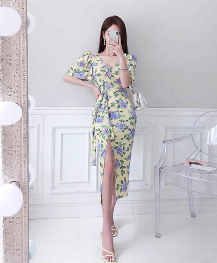 Elegant frenum slim printing summer Korean style dress