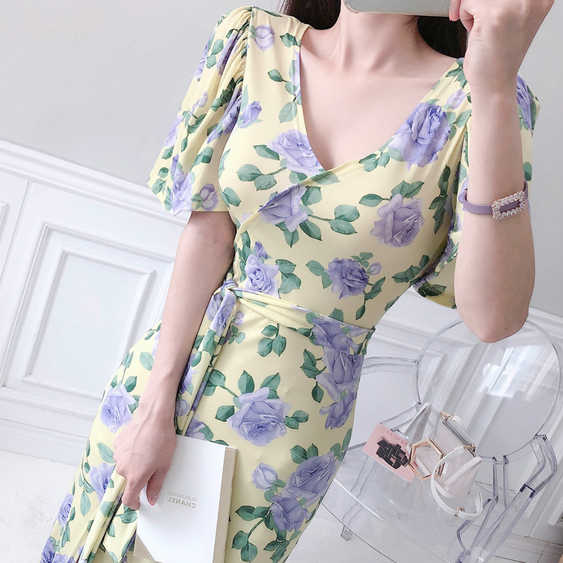 Elegant frenum slim printing summer Korean style dress