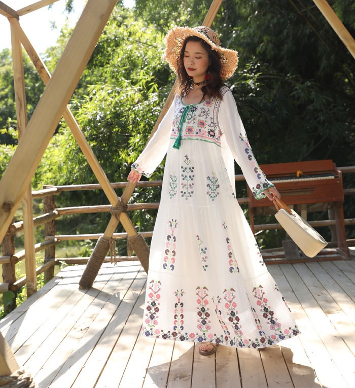 Cotton linen national style embroidered long dress