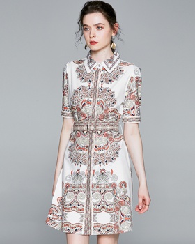 Court style short sleeve Western style lapel printing dress