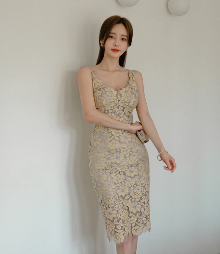 Korean style temperament strap dress lace slim dress