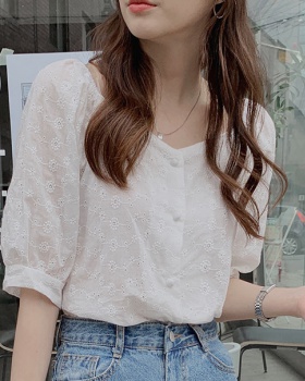 Simple Korean style embroidery hollow short sleeve shirt