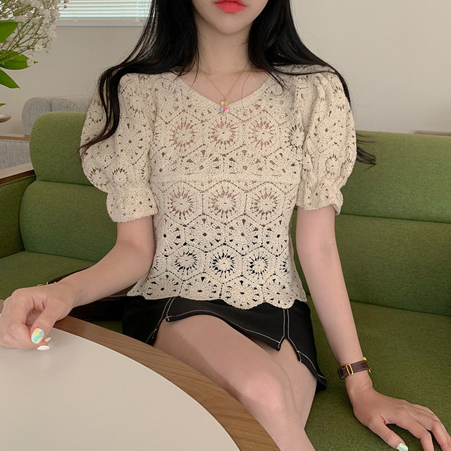 Short sleeve perspective sexy maiden crochet hollow shirt