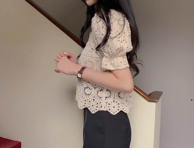 Short sleeve perspective sexy maiden crochet hollow shirt
