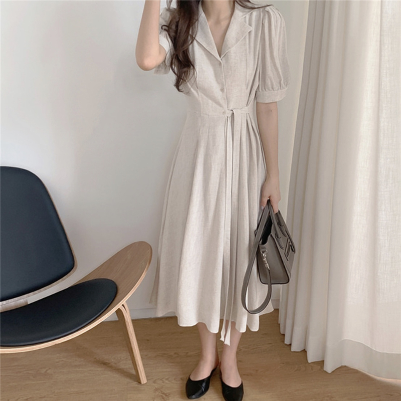 Korean style slim temperament flax pinched waist dress