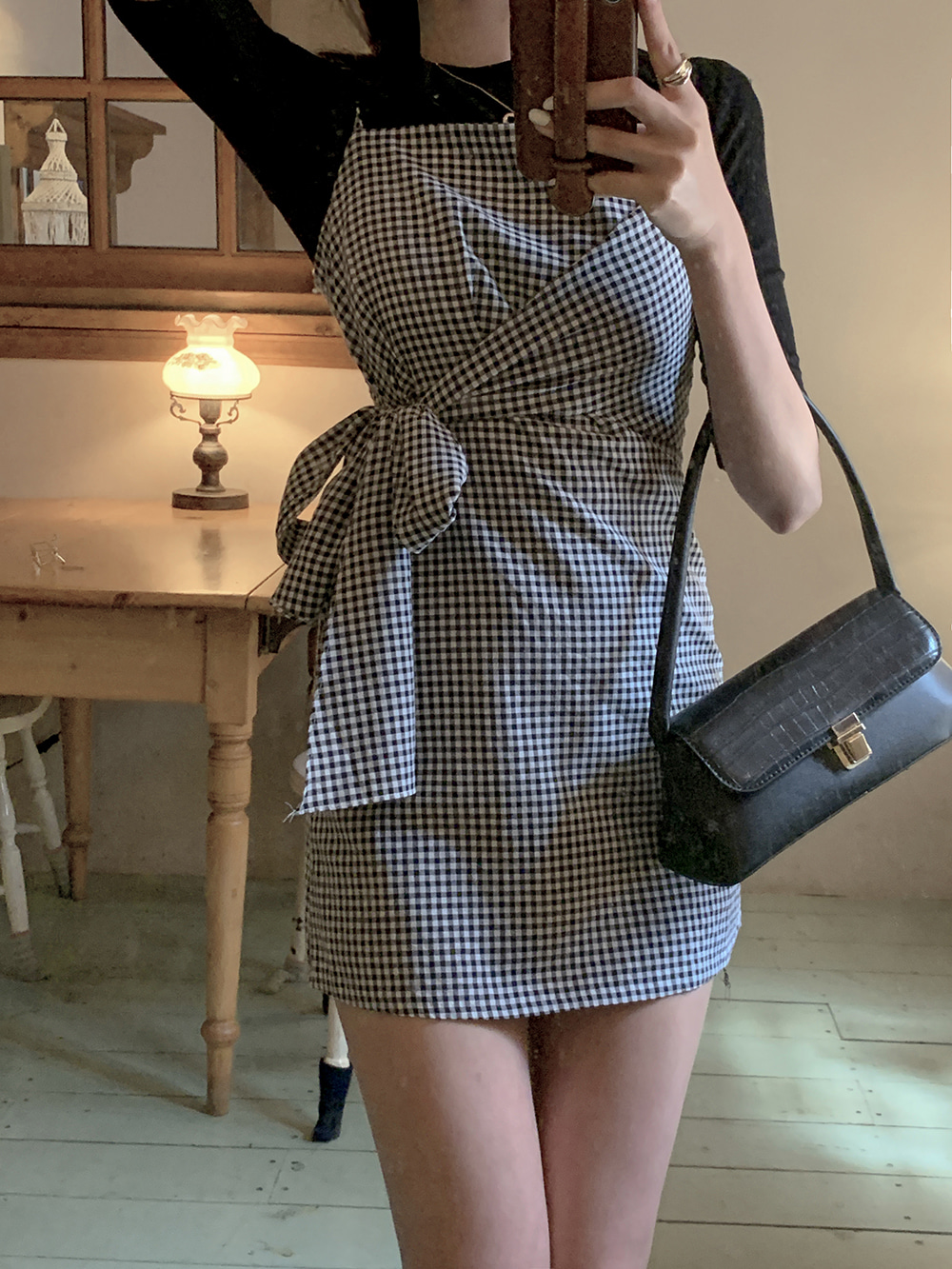 Small plaid bow summer ghost maiden strap dress