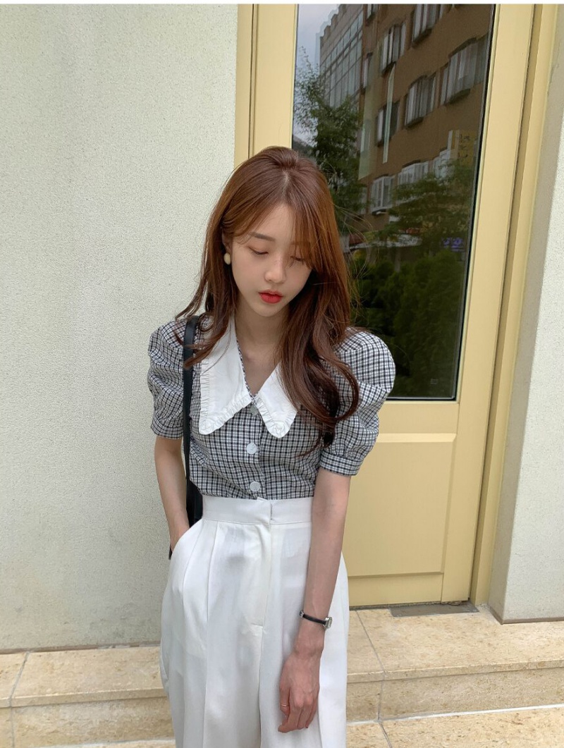 Mixed colors collar small short tops plaid Korean style shirt