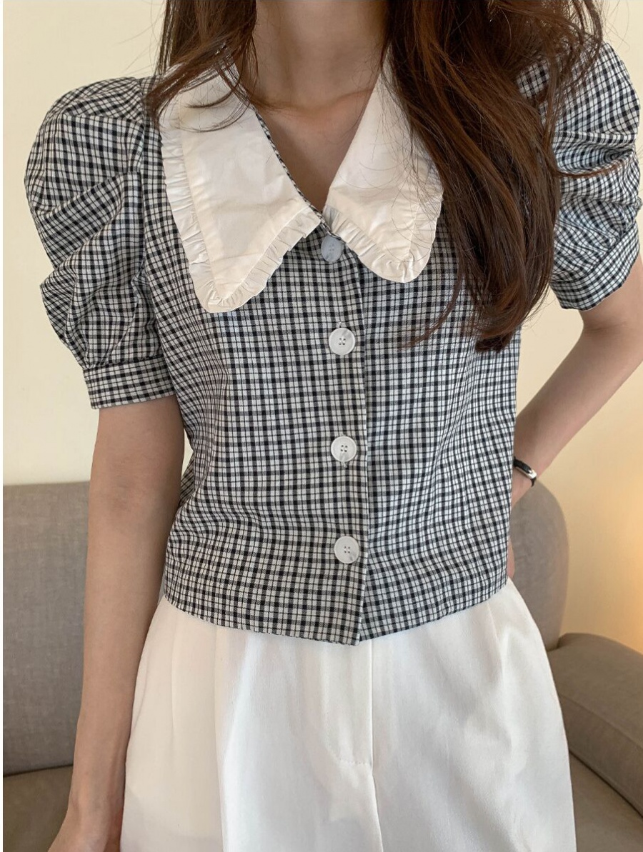 Mixed colors collar small short tops plaid Korean style shirt