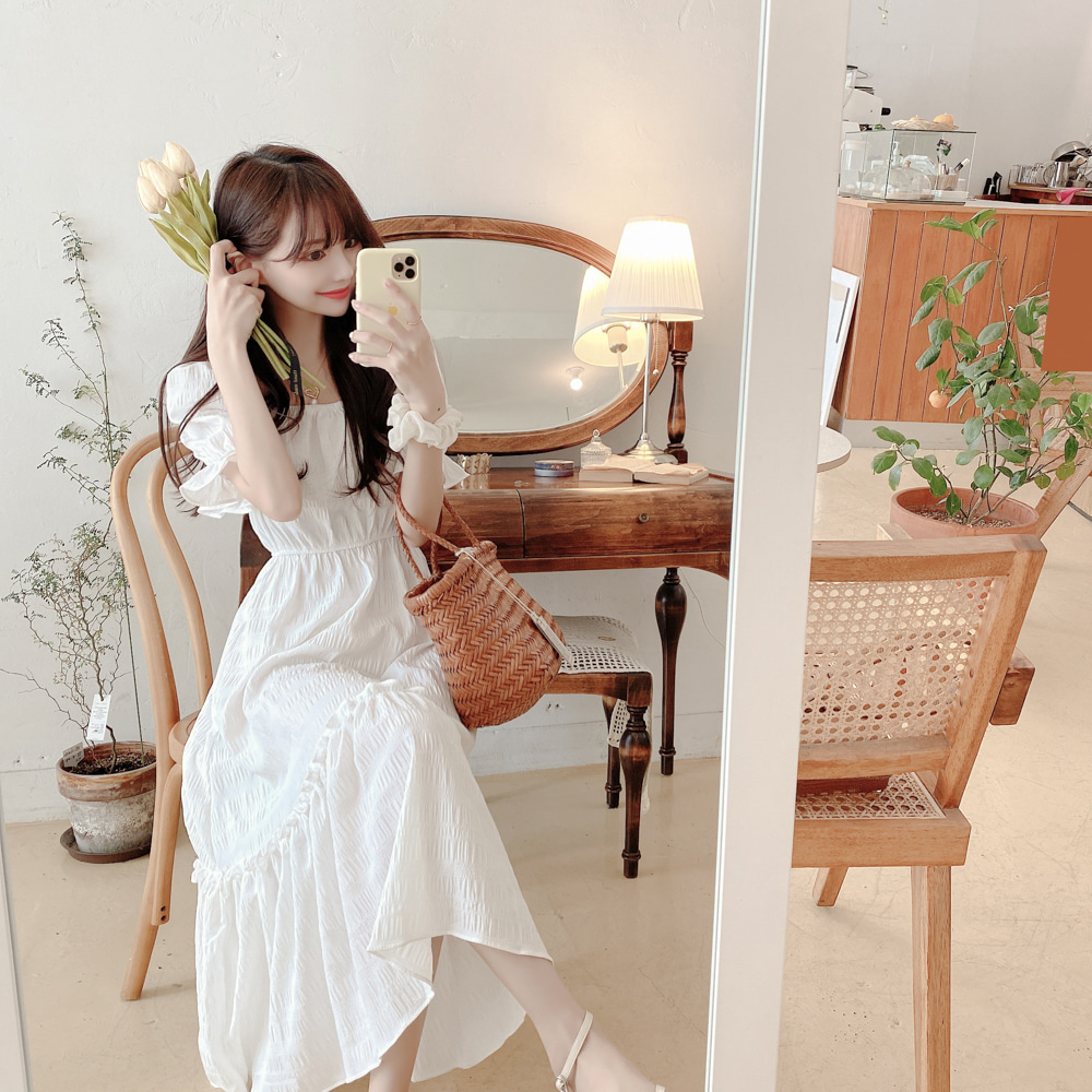 Pure flat shoulder ghost long simple maiden dress