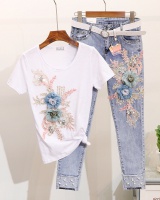 Beading jeans short sleeve T-shirt 2pcs set for women