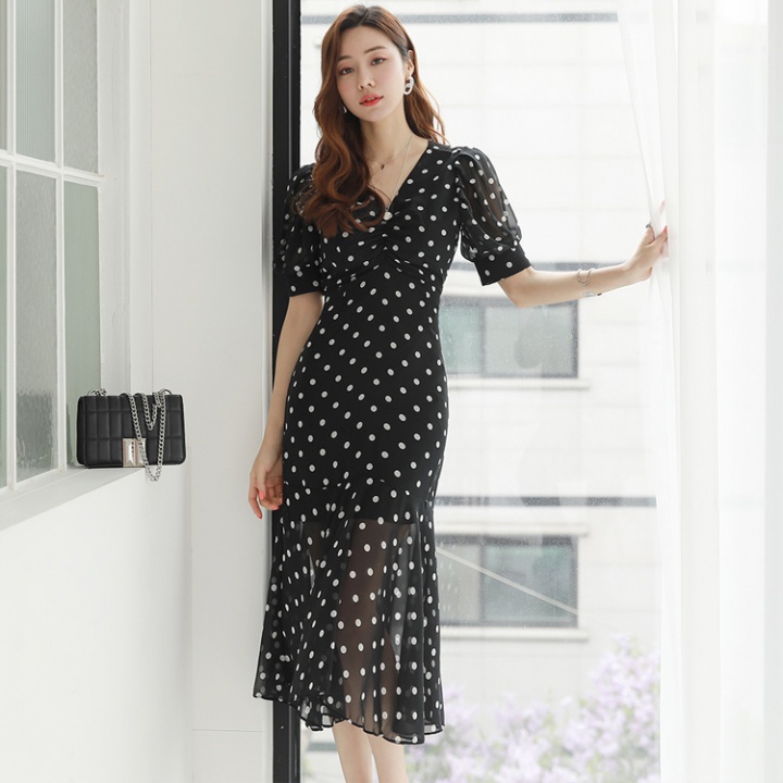 Temperament summer retro pinched waist puff sleeve dress