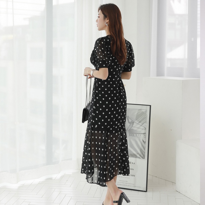 Temperament summer retro pinched waist puff sleeve dress