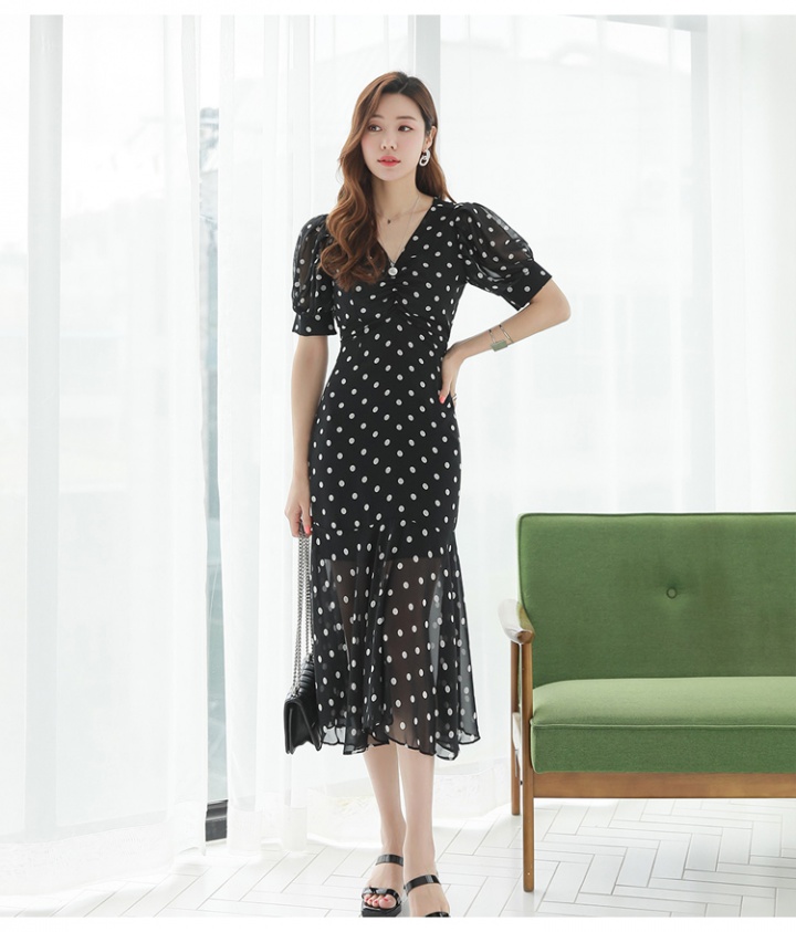 Temperament summer retro pinched waist puff sleeve dress