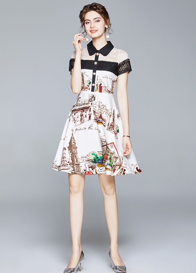 Lace printing summer splice pinched waist skirt for women