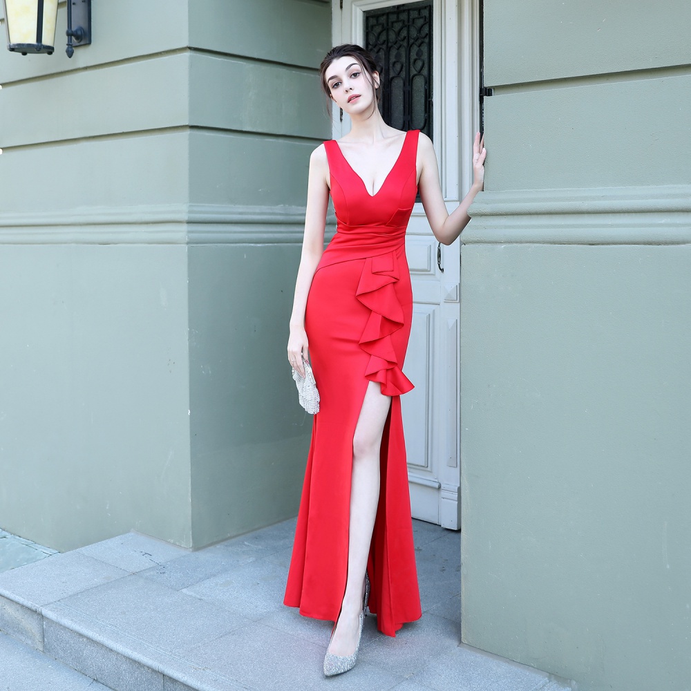 Mermaid long sleeve red dress slim long wedding formal dress
