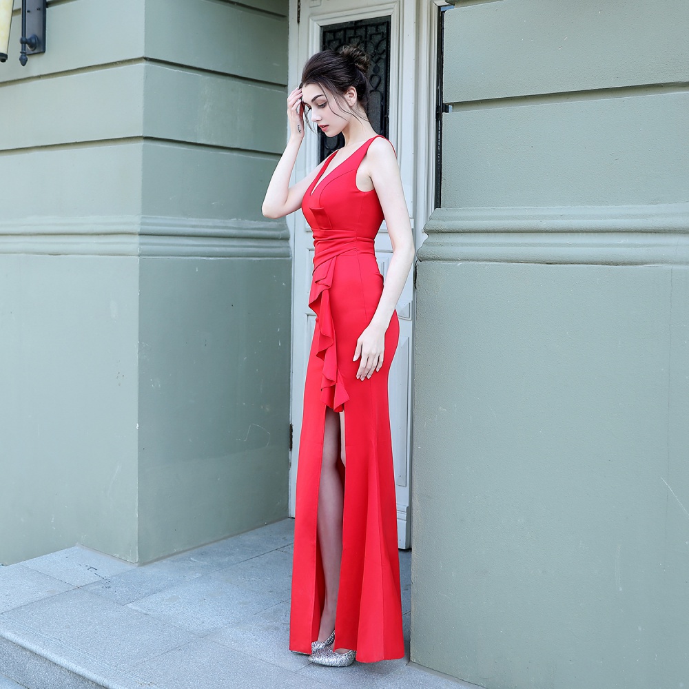Mermaid long sleeve red dress slim long wedding formal dress