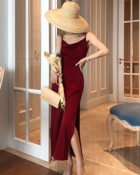 Satin France style red long silk dress for women
