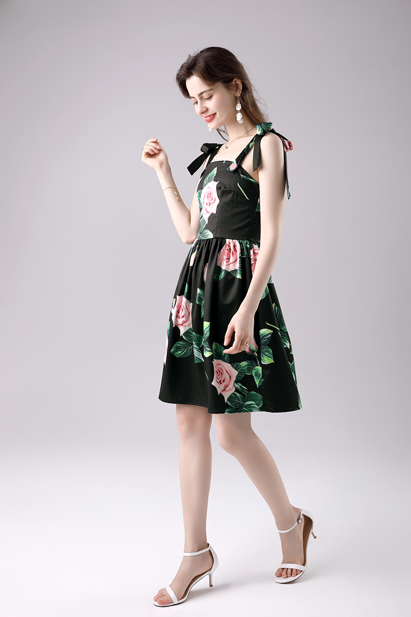 Bow sleeveless summer lady printing sling rose dress
