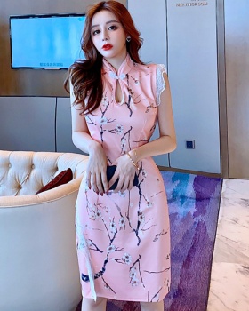 Lace colors dress pinched waist hollow cheongsam