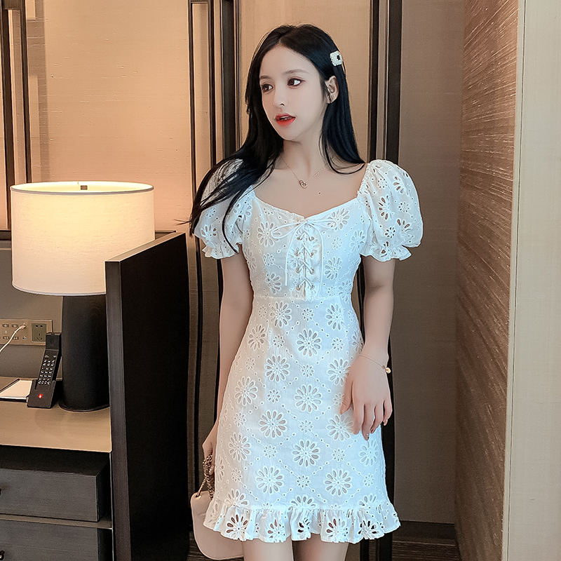 Embroidery horizontal collar bandage lace dress for women