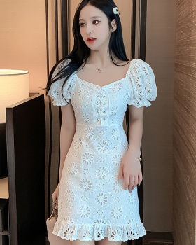 Embroidery horizontal collar bandage lace dress for women