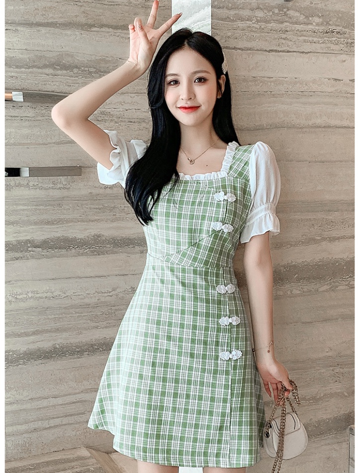 Slim summer plaid cheongsam retro pinched waist dress