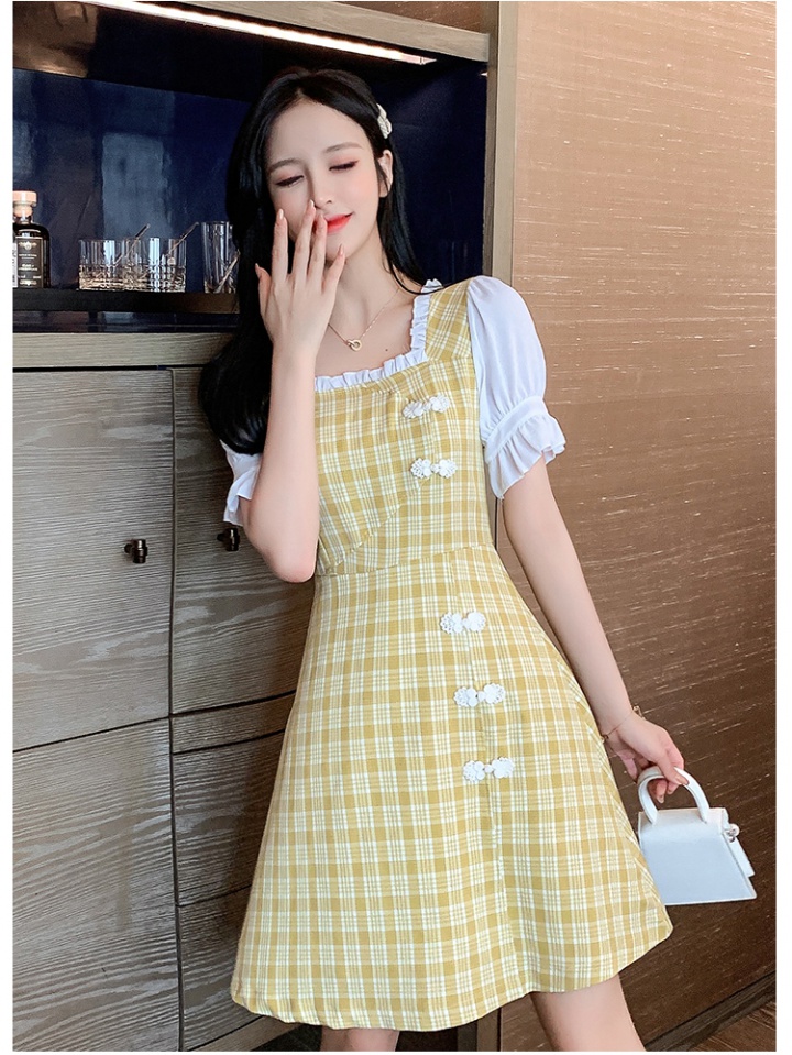 Slim summer plaid cheongsam retro pinched waist dress