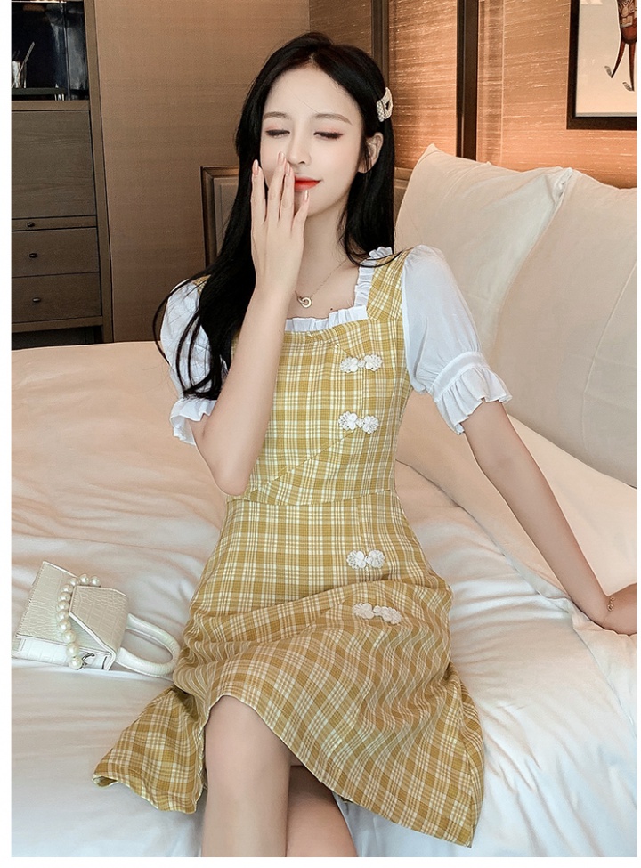 Slim summer plaid cheongsam retro pinched waist dress