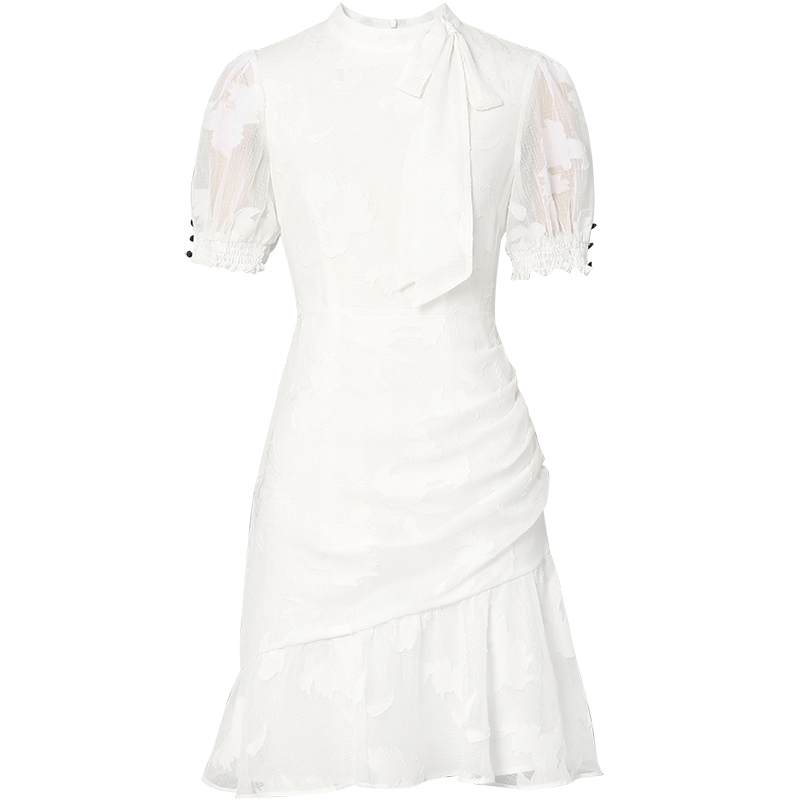 Temperament long pinched waist white dress for women