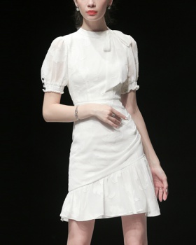 Temperament long pinched waist white dress for women