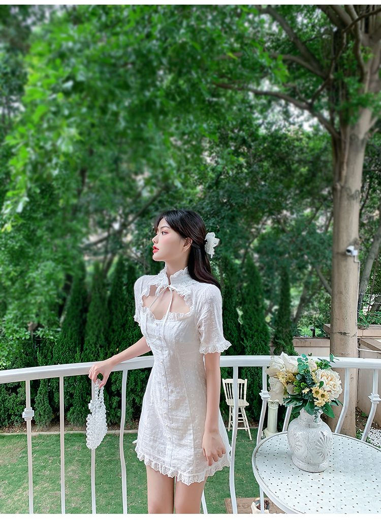 Hollow temperament white retro summer frenum lace dress
