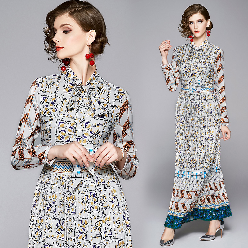 European style pleated slim all-match printing summer dress