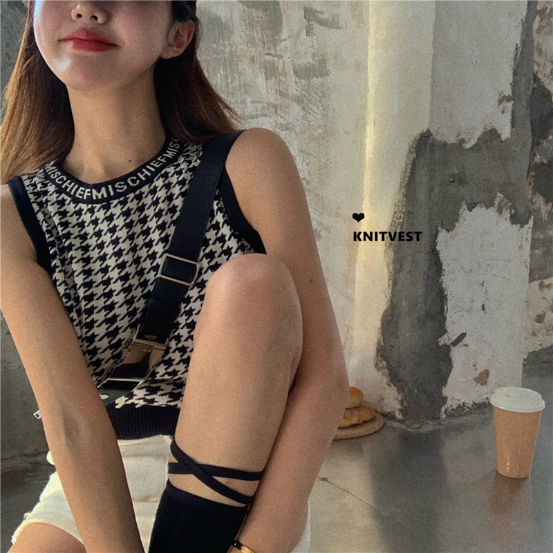 All-match retro ghost houndstooth slim knitted vest