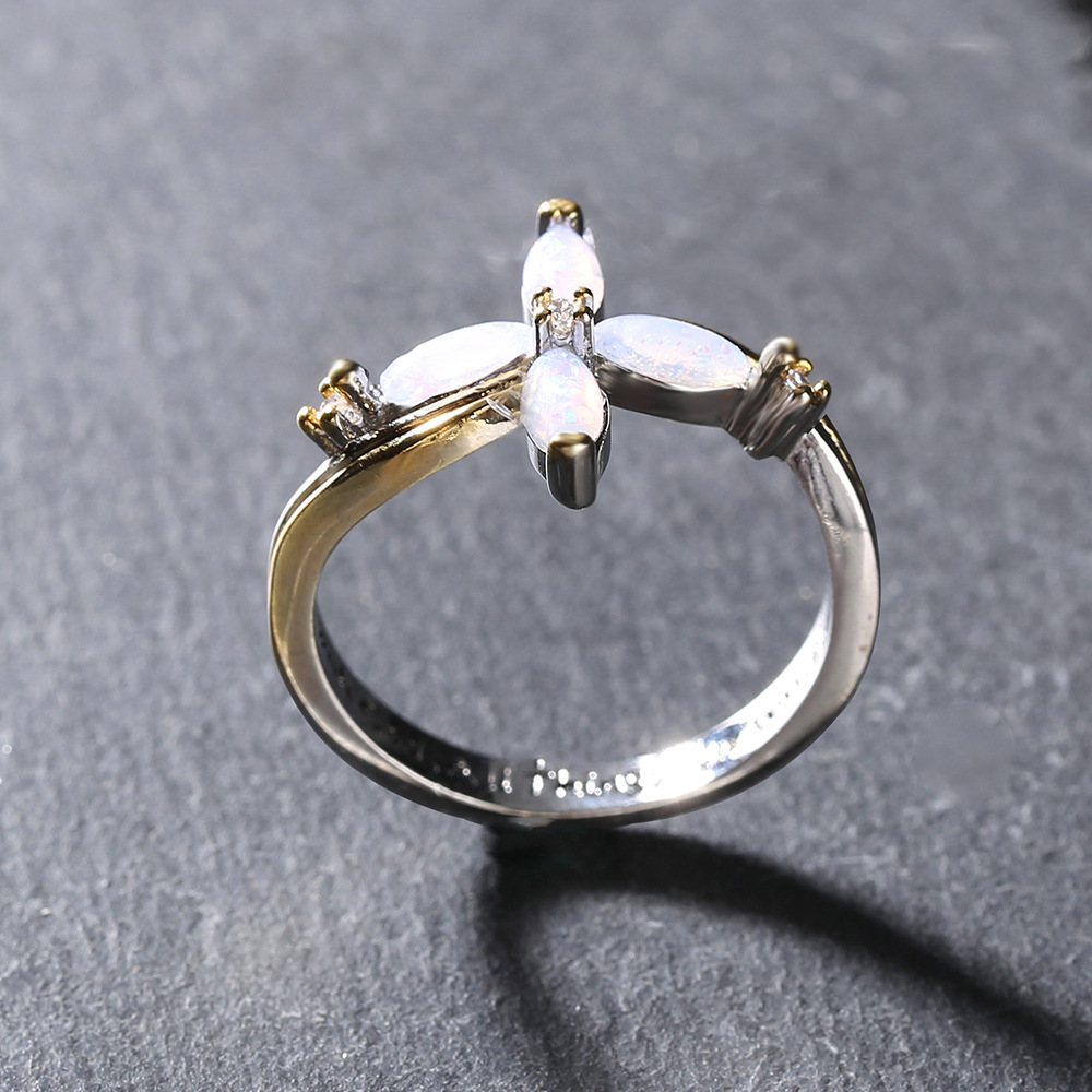 Gold double color mosaic crosses European style ring