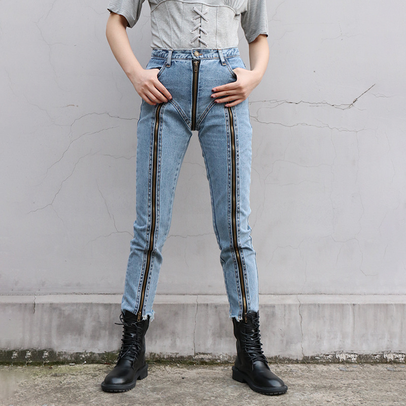 Korean style zip high waist jeans for women
