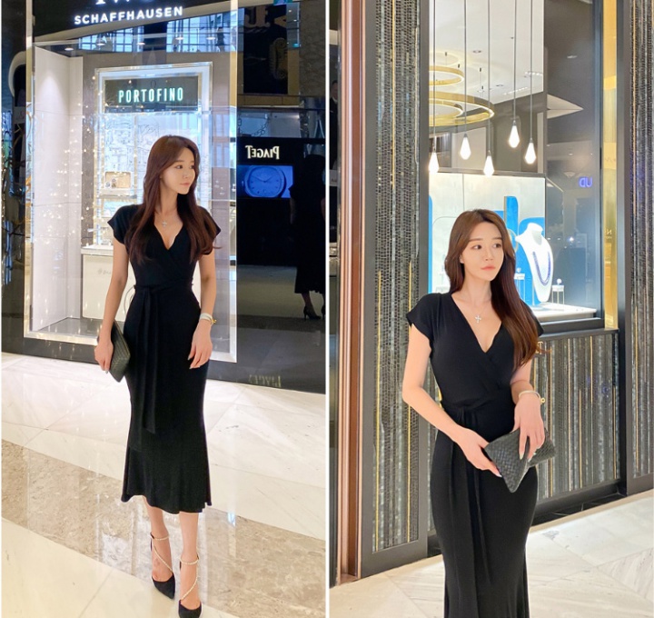 Korean style package hip dress long short sleeve long dress