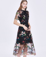 Pinched waist temperament gauze floral long dress