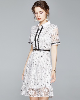 Short sleeve European style white slim lace long dress