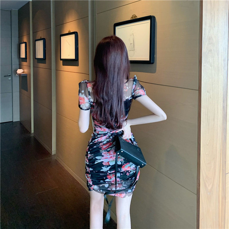 Lace slim puff sleeve summer printing pinched waist dress