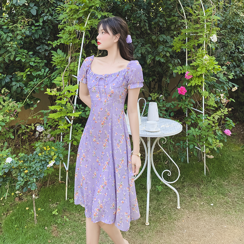 Purple slim short sleeve split floral dress